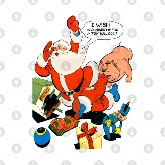 angry dog bites santa claus on merry christmas Retro Comic Vintage by REVISTANGO