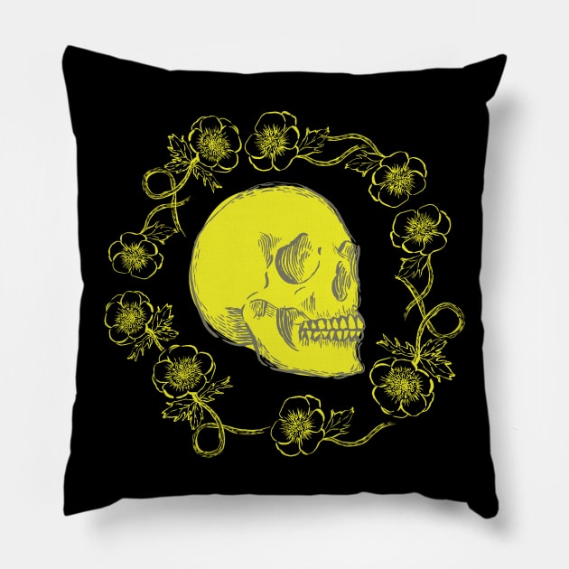 Skulls and Anemones Neon Yellow Bright Pillow by Cecilia Mok