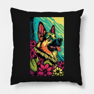 German Shepherd Dog Vibrant Tropical Flower Tall Retro Vintage Digital Pop Art Portrait 2 Pillow