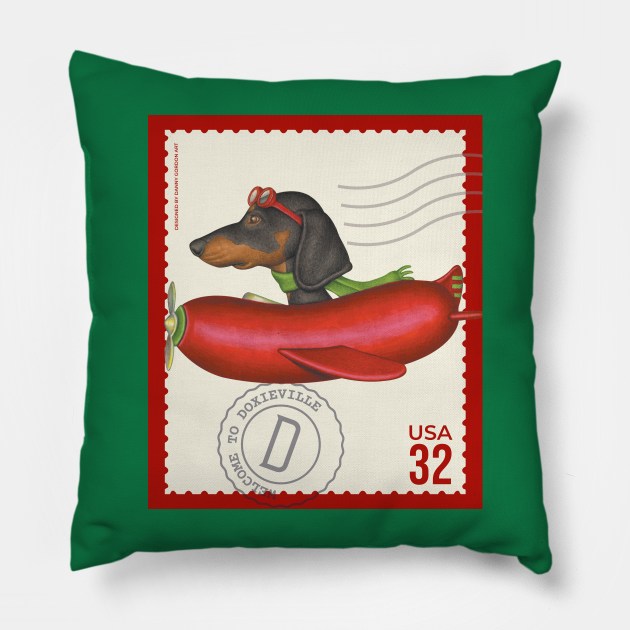 Funny Dachshund Doxie Dog flying a cute hotdog plane Pillow by Danny Gordon Art