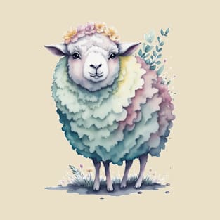 Sheep with Flower Crown: Scattered Watercolor in Pastel Colors T-Shirt