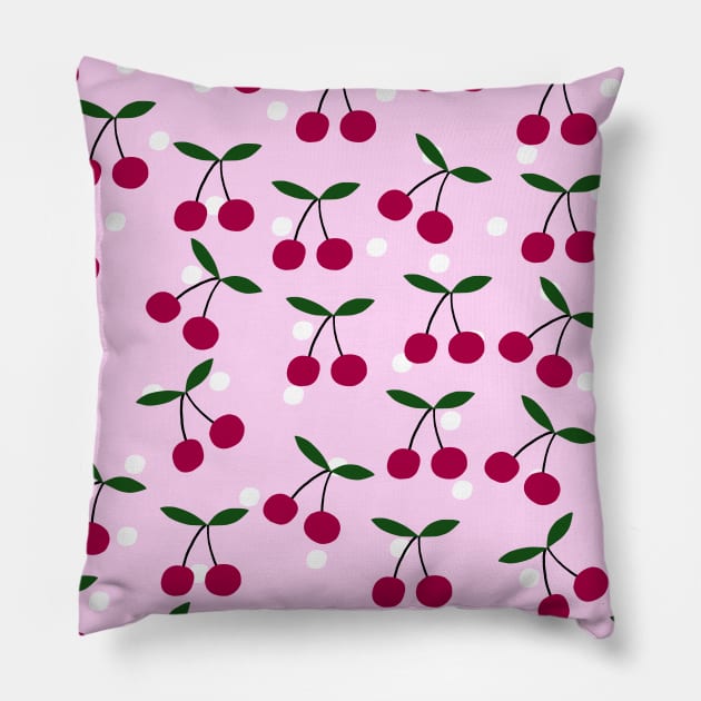 Cute Cherry Pattern on Pink Background Pillow by kapotka