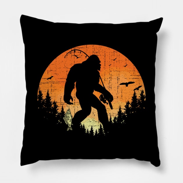 Fishing Bigfoot Sunset - Retro Bigfoot Pillow by Tesszero