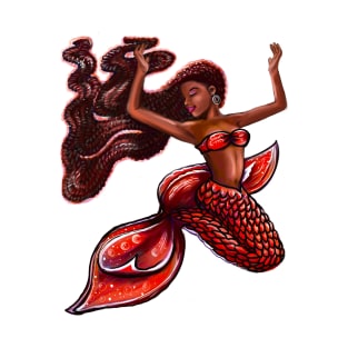 Mermaid with red fins, red locs Afro hair and brown skin. African American Mermaids T-Shirt