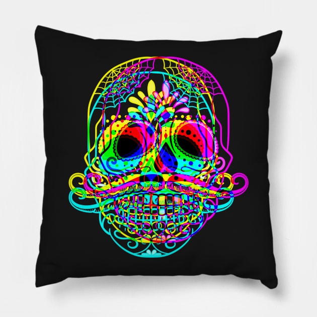 Mustache Sugar Skull - crossed neon colored Pillow by EDDArt