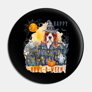 Cavalier King Charles Spaniel Happy Howl-o-ween Ghost Houses Funny Watercolor Pin