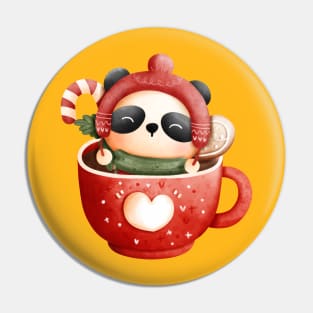 Cute Christmas Panda Bear in a Red Heart Teacup Pin