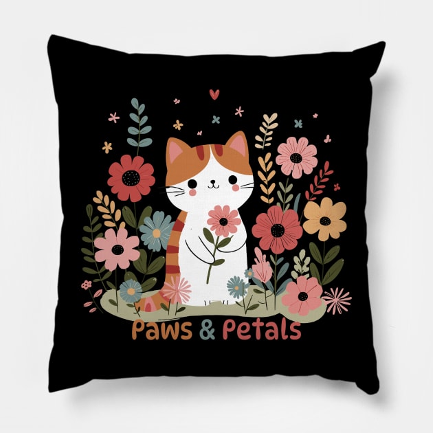 Paws and Petals | Cute Kawaii Kitty Cat with Flowers | Kitty Cat Lover Design Pillow by Nora Liak