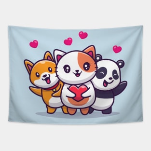 Cute Cat, Panda And Dog With Love Tapestry