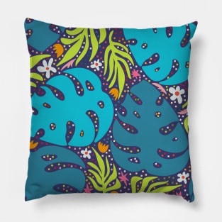 Jungle leaves and flowers abstract repeat pattern on purple Pillow