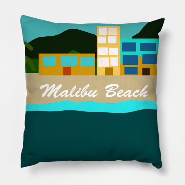 Beautiful Vacation Houses on Malibu Beach Pillow by Kanika Behari Studio