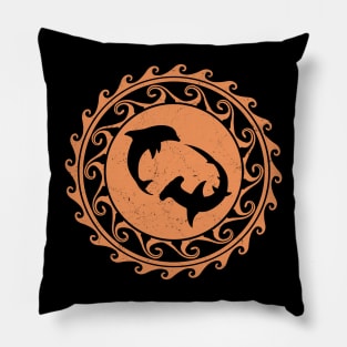 Hammerhead shark and dolphin on polynesian sun Pillow