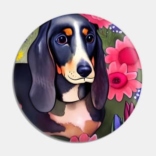 Basset Hound Dachshund Mix Basschshund Dog Puppy Whimsical Portrait Hiding in Wildflowers Secret Garden Digital Art Watercolor Painting Pin