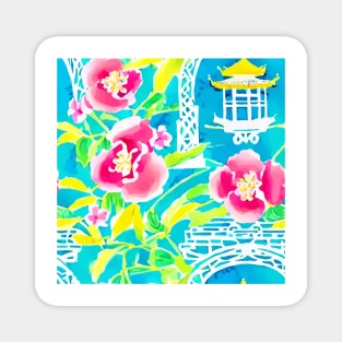 Flowers and pagodas on turquoise Magnet