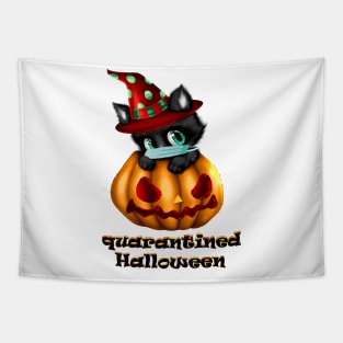 Quarantined Halloween, Pumpkin Cat Wearing Face Mask 2020 Tapestry