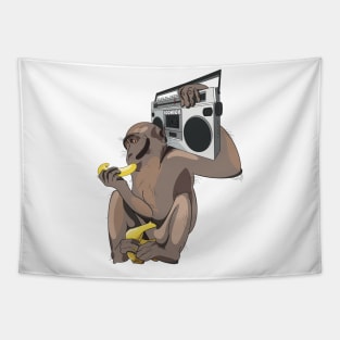 Funky monkey eating a banana listening to a boombox Tapestry