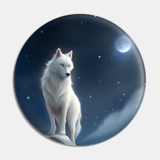 White Wolf Hunting Ground, Winter Mountain Icy Moon, Forest, Galaxy Beautiful gifts Novelty a Wolf portrait Watercolor Pin