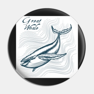 Great Whale in deep water. Engraving style. Only free font used. Pin