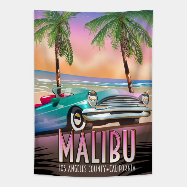 Malibu Los Angeles travel poster Tapestry by nickemporium1