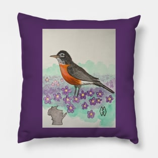 Wisconsin state bird and flower, the robin and wood violet Pillow