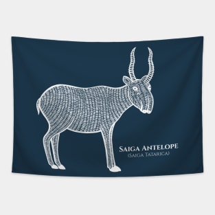 Saiga Antelope with Common and Scientific Name - white animal on dark blue Tapestry