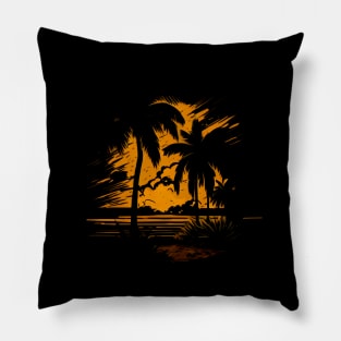 A retro sunny beach sunset and palm desing Pillow