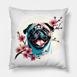 Pug Enjoys Spring Amid Cherry Blossoms and Flowers Pillow