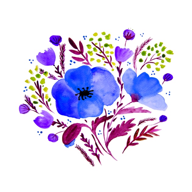 Watercolor poppies bouquet - electric blue and purple by wackapacka