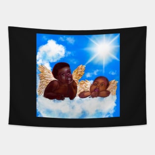 Cherubim- brown skin cherubs with curly Afro Hair and gold wings deep in thought on a cloud Tapestry