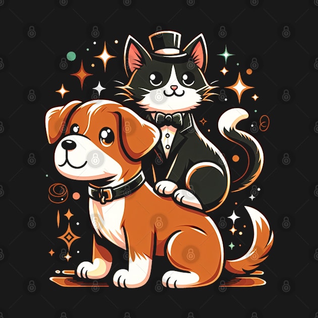 Tuxedo Cat on a Dog Funny by T-shirt US