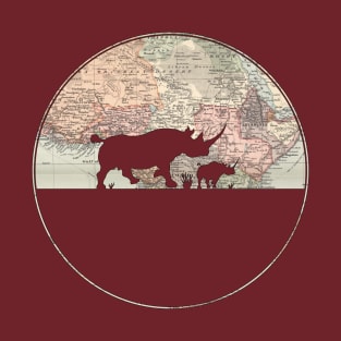 Black Rhino family cut from an 1892 Map of Africa T-Shirt