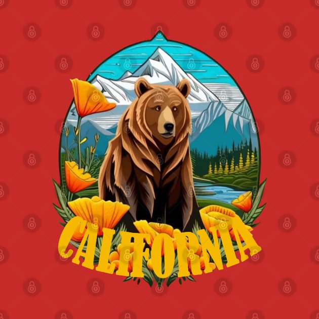 Bear In Mountain Landscape Surrounded By Orange California Poppies 2 by taiche