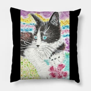 Black and white cat blue eyes Pillow