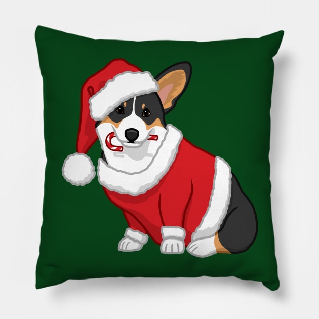 Cute Tricolor Corgi in Santa Christmas Costume Pillow by csforest