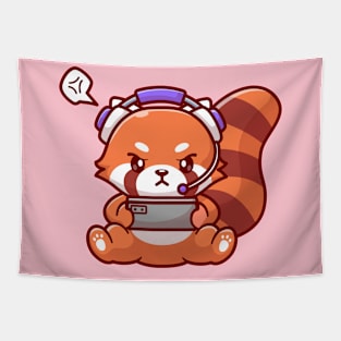 Cute Red Panda Playing Game With Headphone Cartoon Tapestry