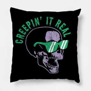 Creepin' It Real Halloween Skull with Sunglasses Spooky Pun Pillow