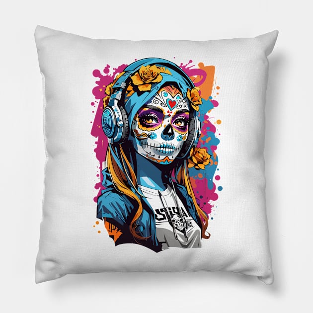 Girl with a skill mask paint and headphones Pillow by therustyart