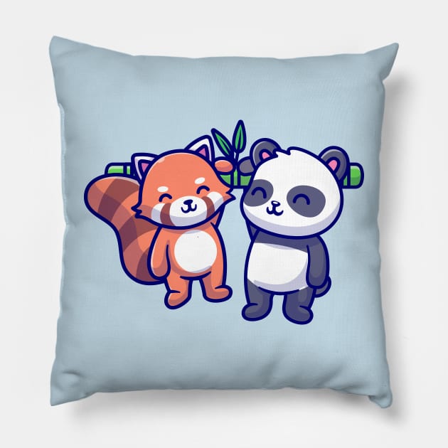 Cute Panda And Red Panda Hanging On Bamboo Cartoon Pillow by Catalyst Labs