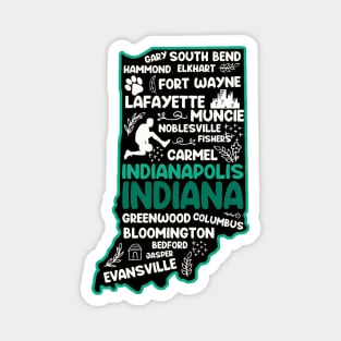 Indianapolis Indiana cute map, Fort Wayne, Evansville, Carmel, South Bend, Fishers, Bloomington, Hammond, Gary, Lafayette Magnet