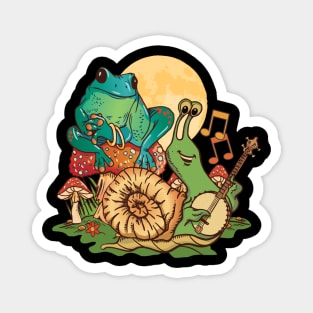 Banjo playing Snail with Frog sitting on Mushroom Magnet