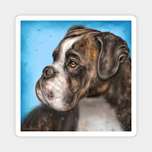 Painting of a Brindled Brown and White Boxer Dog Look to the Side on Blue Background Magnet