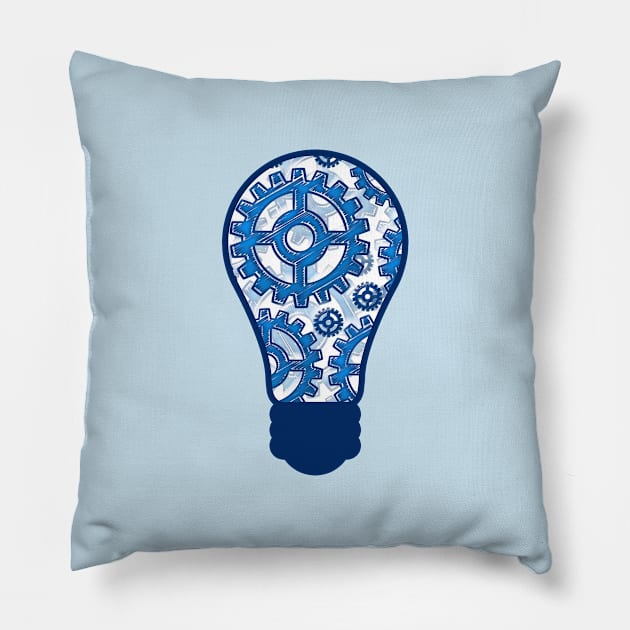 Blue gears light bulb Pillow by Gaspar Avila