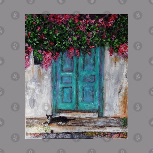 Door with Bougainvillea and a Cat by IGDecorArt