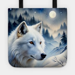 White Wolf Hunting Ground, Winter Mountain Icy Moon, Forest, Galaxy Beautiful gifts Novelty Wild Animal Pattern Fashion Tote