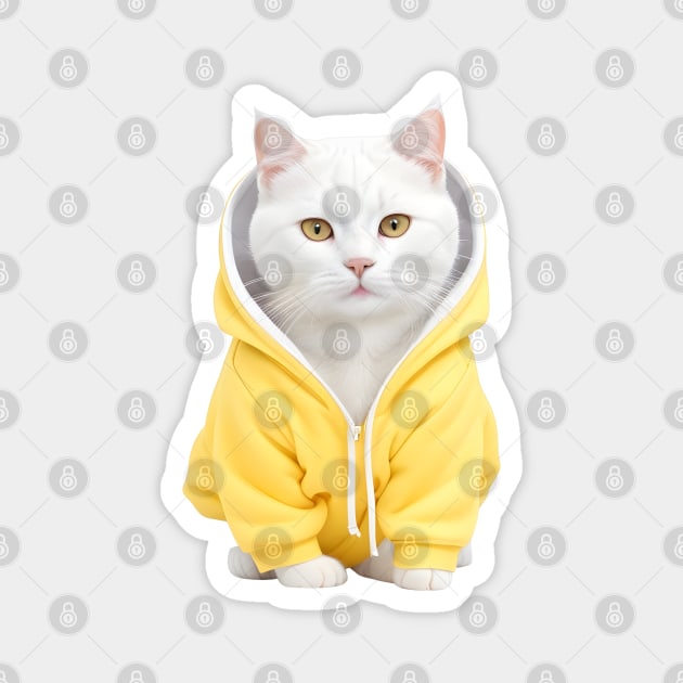 Beautiful white british shorthair wearing yellow hoodie Magnet by Luckymoney8888