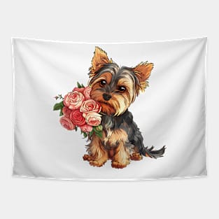 Valentine Yorkshire Terrier Dog Giving Flowers Tapestry