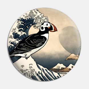 Cute Puffin Bird in Vintage The Great Wave off Kanagawa Pin