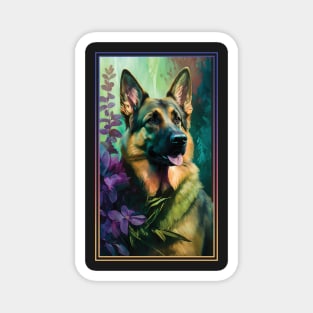 German Shepherd Dog Vibrant Tropical Flower Tall Digital Oil Painting Portrait Magnet