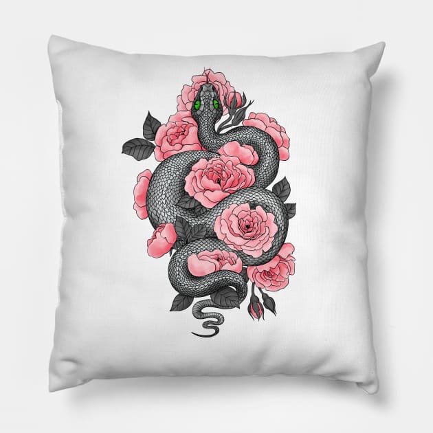 Snake and peach roses Pillow by katerinamk