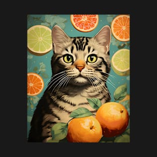 Retro Kitsch Tabby Cat and Citrus Fruit Collage T-Shirt